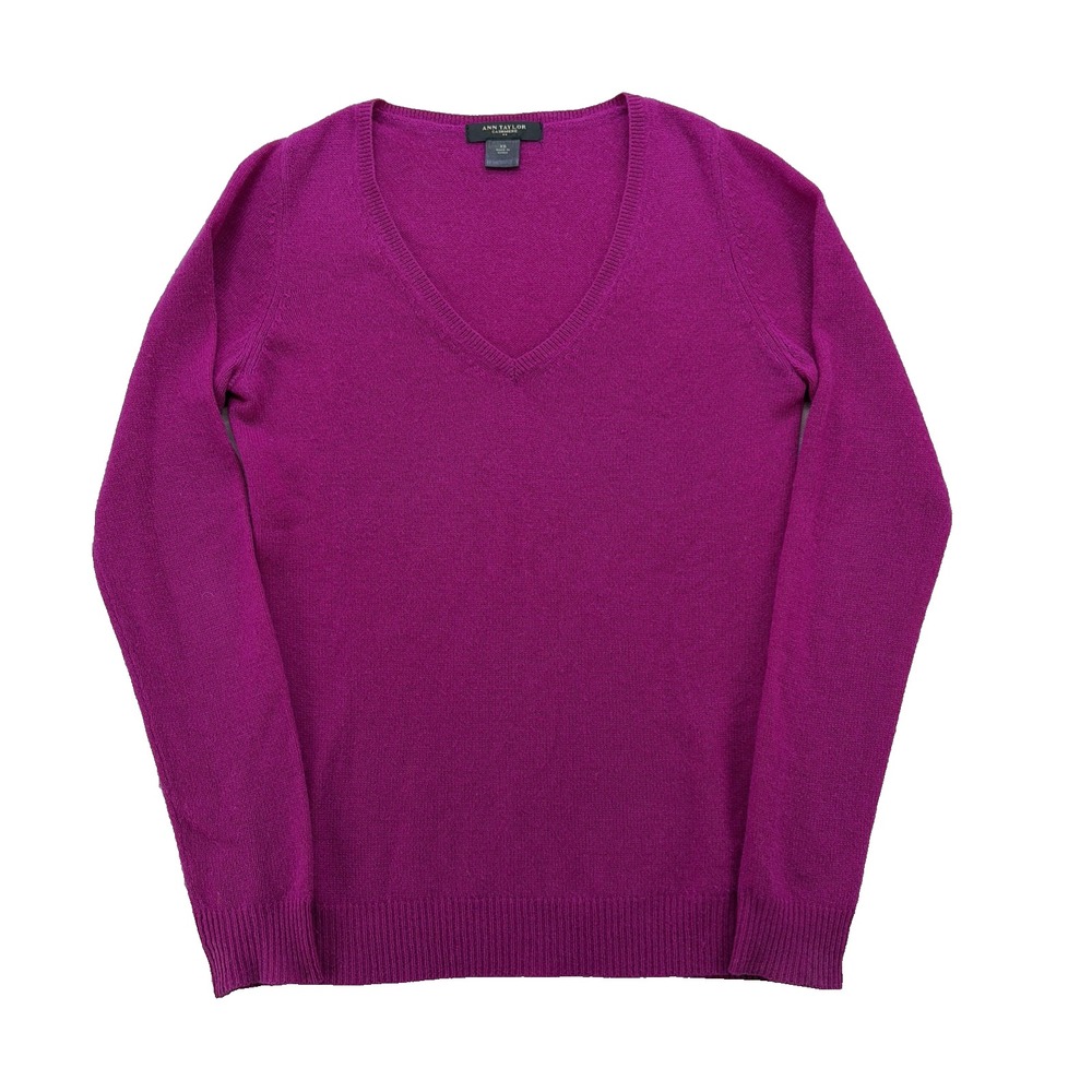 Pop Of Color Fall Ann Taylor 100% Cashmere Pullover Sweater S XS V Neck Fuchsia